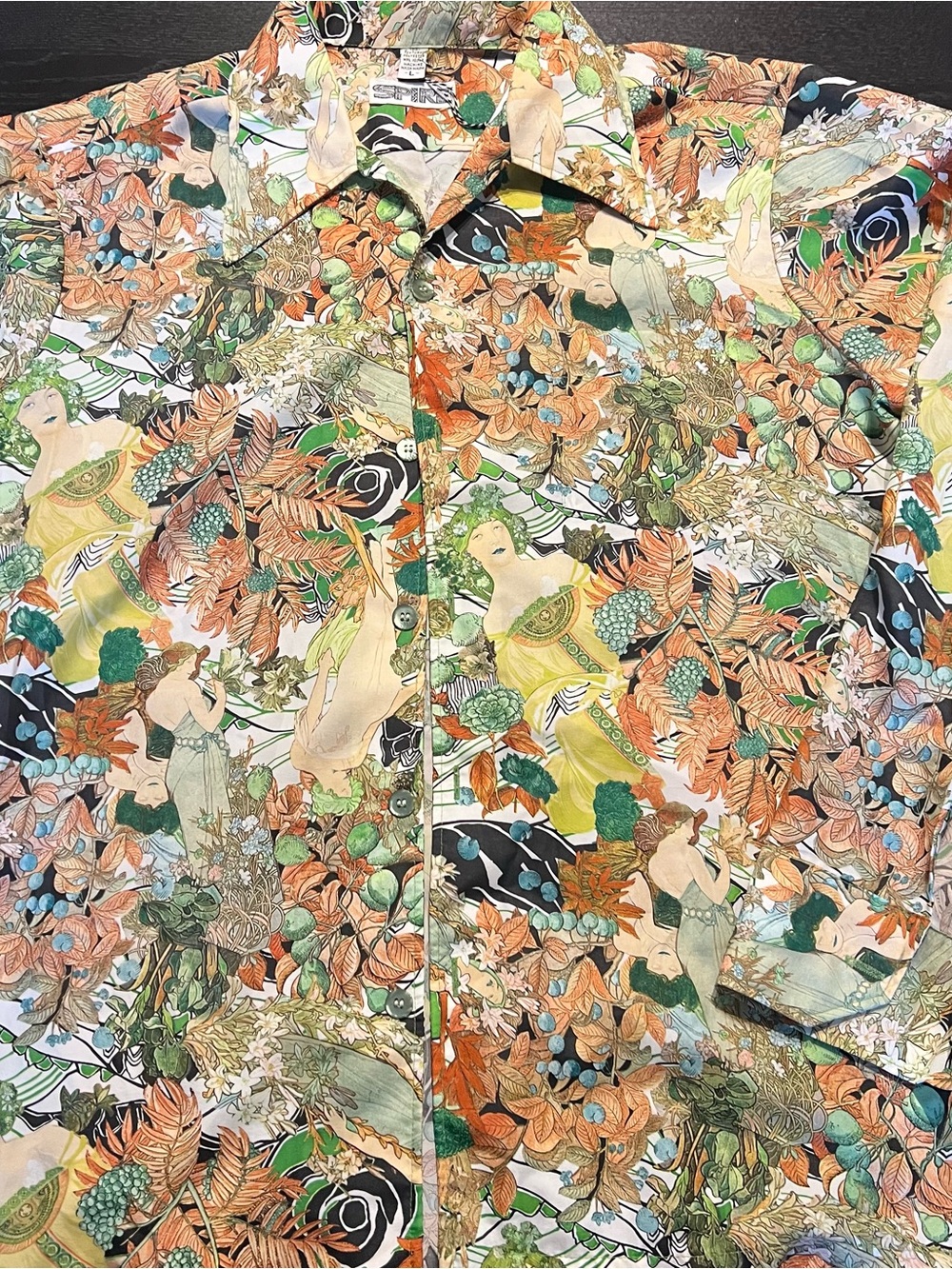 Vintage Green, Orange & Tan Botanical Figure Print Button-Down Shirt